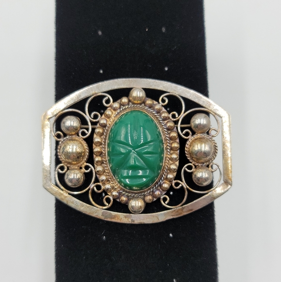 Vtg sterling & malachite or glass brooch pin